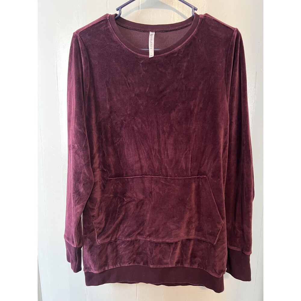 Fabletics Women's Maroon Sweatshirt Velvet Velour Kangaroo Pouch Pocket Large
